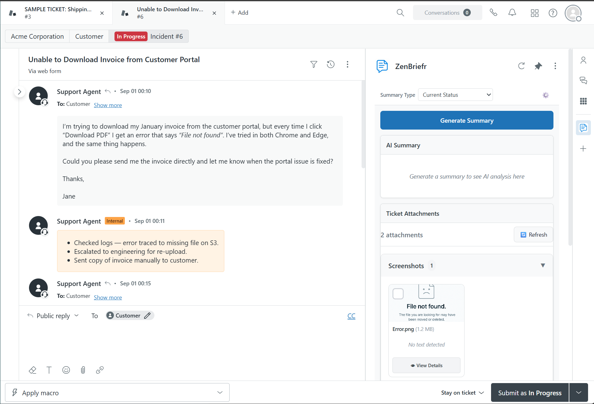 ZenBriefr complete workflow showing AI summary generation and file processing